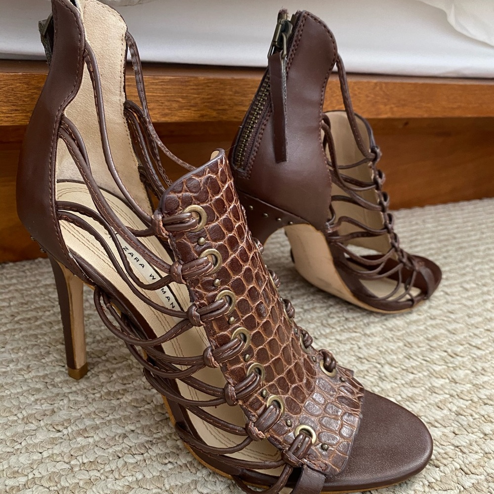 Zara brown faux animal skin heels!